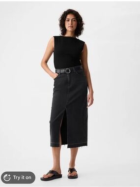 GAP Black High-Rise Midi Denim Skirt with Front Slit Size 26/2